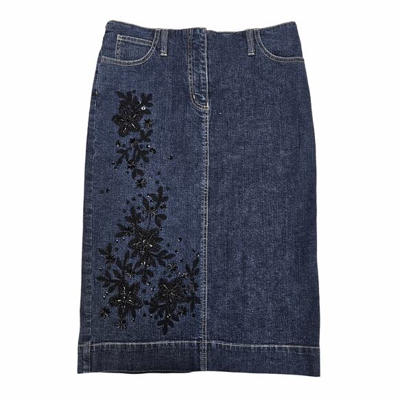 next Dresses & Skirts - Y2k Euro Denim Skirt Knee Length Embroidered Sequin Fairycore Boho - Size 10